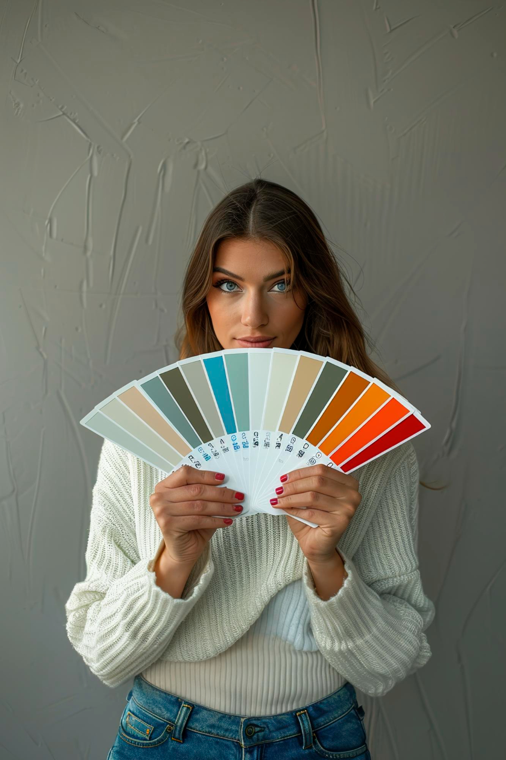 Exemplo de colorimetria pessoal: pessoa segurando uma cartela de cores ao lado do rosto