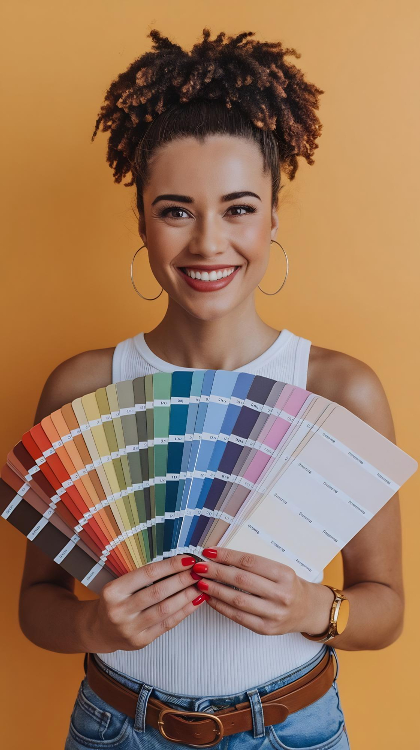 Exemplo de colorimetria pessoal: pessoa sorrindo segurando uma cartela de cores