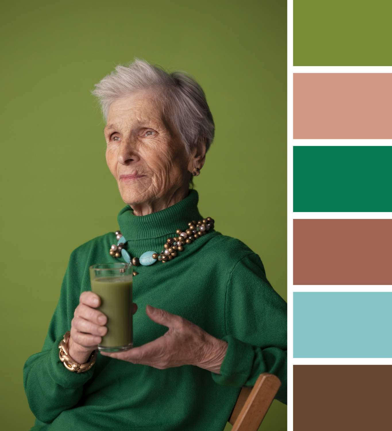 Exemplo de colorimetria pessoal: paleta de cores ao lado de uma pessoa vestida em tons combinando