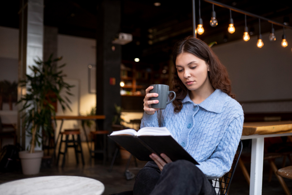 Mulher lendo um livro com uma xícara de café